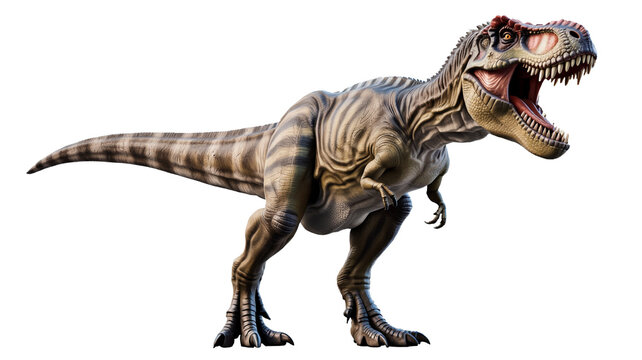 Roaring Tyrannosaurus Rex with open mouth showing sharp teeth ready for prehistoric adventures and stories