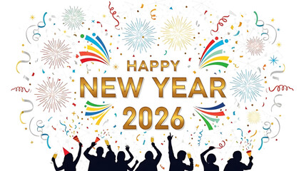 Cheerful Happy New Year 2026 Celebration with Confetti and Fireworks