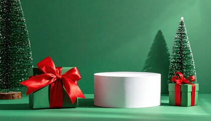 Minimalist Christmas display podium with festive green gift boxes and miniature trees.