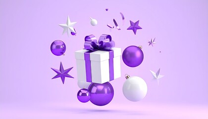 Festive Purple and White Gift Box with Ornaments and Stars.