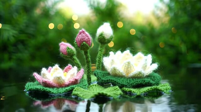 Two ornamental kale plants with pink-edged leaves, white-centered rosettes resting on a reflective surface in a bokeh garden scene