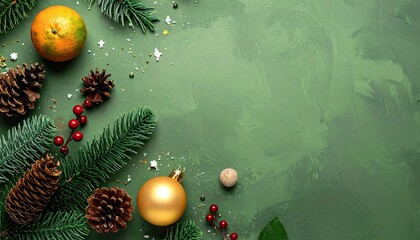 Festive Christmas Decorations with Pine Branches and Ornaments on Green Background.