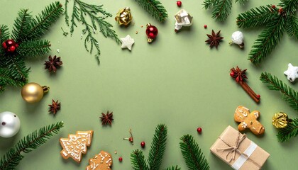 Festive Christmas flat lay with pine branches, ornaments, gingerbread cookies, and spices on a green background.