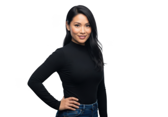 A confident young woman with long dark hair wearing a black turtleneck and blue jeans stands with her hand on her hip isolated on transparent background