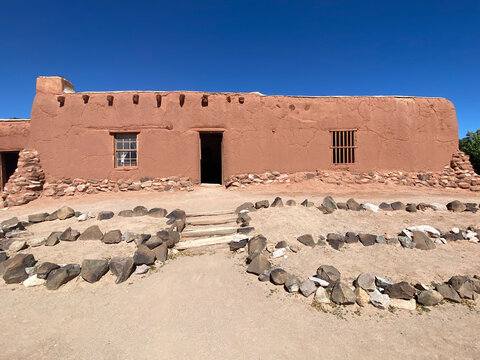 Adobe home. Casa de Manuel Baca y Delgado (House of Manuel Baca y Delgado) at El Rancho de Las Golondrinas (The Ranch of the Swallows), historic rancho near Santa Fe, New Mexico. Placita (plaza). 