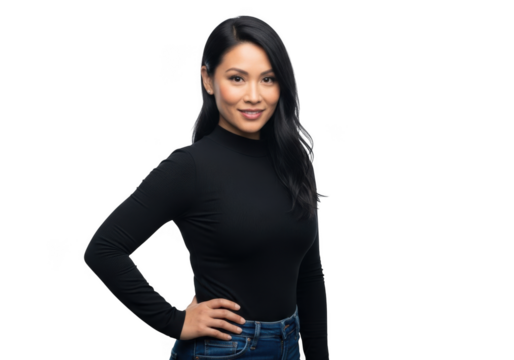 A confident young woman with long dark hair wearing a black turtleneck and blue jeans stands with her hand on her hip isolated on transparent background