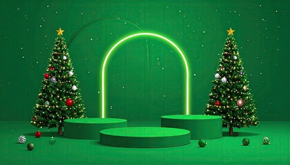 Modern minimalist Christmas stage with decorated trees and neon archway.