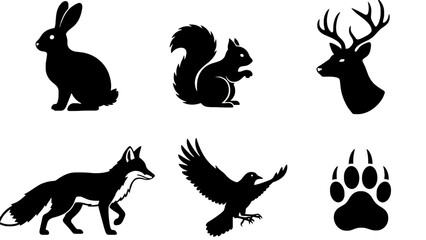 Fototapeta premium Silhouettes of forest animals and a paw print on white background, Vector