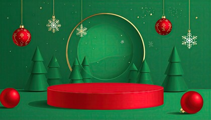 Elegant Christmas stage setup with red podium green trees and gold ornaments.