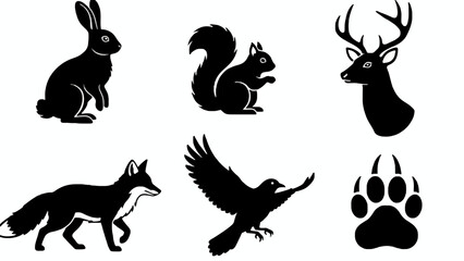 Obraz premium Collection of woodland animal silhouettes in black and white on white background, Vector