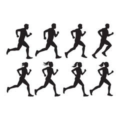 Running men and women, set vector silhouette