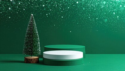 Festive green Christmas podium with sparkling glitter and miniature tree.