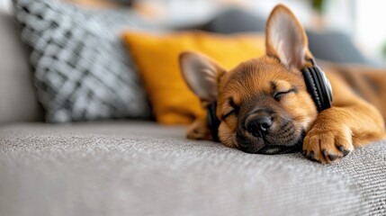 A cute puppy is sleeping on a couch while wearing headphones. The dog is indoors, with a relaxed and peaceful expression.