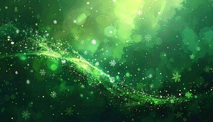 Enchanting Abstract Green Winter Scene with Falling Snowflakes and Glittering Lights.