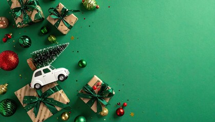 Festive Christmas gifts and ornaments arranged with a miniature car carrying a tree on a green background.