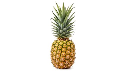 Exquisite Whole Pineapple Golden-Yellow Body  Lush Green Crown Isolated on Pristine White.