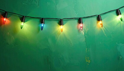Colorful String of Festive Christmas Lights Glowing on Textured Green Background.