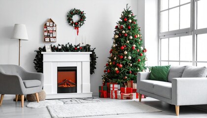 Cozy Living Room Decorated for Christmas with Fireplace and Tree.