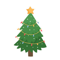Cartoon decorated Christmas tree with lights. Merry Christmas and Happy New Year. Flat style vector illustration for Christmas cards, kids designs, prints, advertising, cheerful graphics