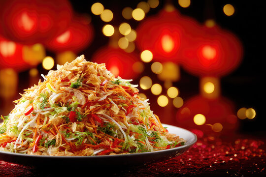 Yusheng salad with vibrant vegetables and crispy toppings is served on white plate, symbolizing prosperity and joy during lo hei celebrations with festive bokeh lights in background