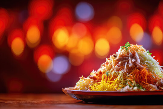 Yusheng salad with vibrant shredded vegetables, crispy lo hei toppings, fresh herbs and colorful ingredients on plate, festive background, joyful celebration