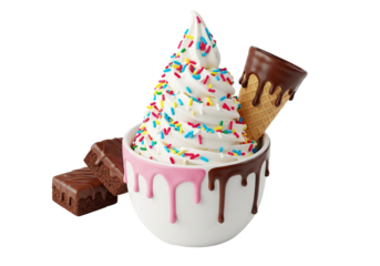 Delicious vanilla soft serve with colorful sprinkles, chocolate cone, and brownies for a sweet indulgence