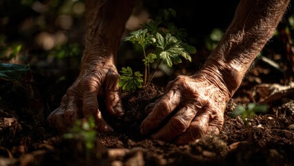 Fototapeta premium Elderly Hands Planting Seedling in Soil Highlighting Connection with Nature and Sustainable Gardening Practices