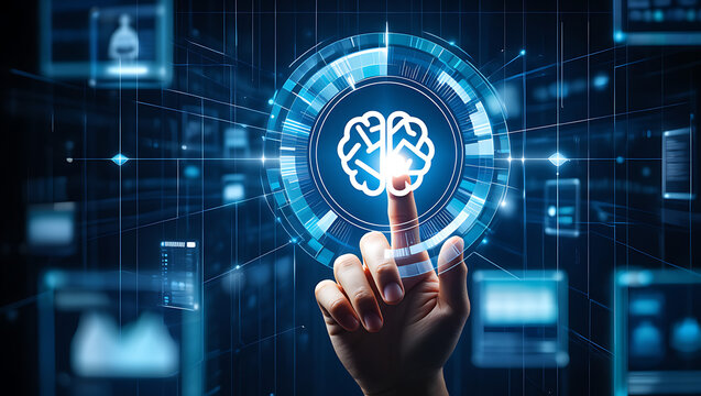 Human finger touching a glowing blue digital brain interface with futuristic holographic screens displaying data and information in a dark background