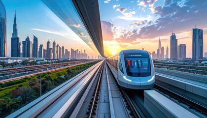 Modern Metro Train Traveling Through a Futuristic City Skyline at Sunset with Warm Golden Hour Light Reflecting on Glass Buildings and Blue Sky