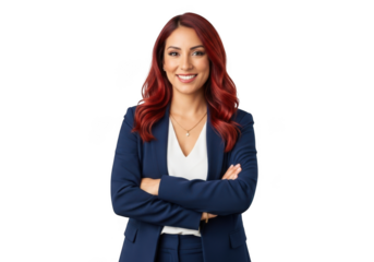 Professional business woman with red hair smiling confidently with arms crossed isolated on transparent background