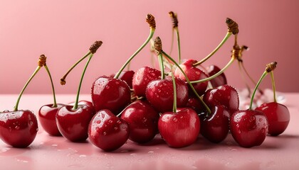fresh juicy cherries with water droplets against pastel pink background