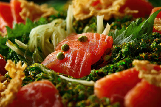 Fresh salmon sashimi, green seaweed, shredded vegetables, and crispy toppings create vibrant, appetizing yusheng lo hei dish, perfect for festive celebrations and joyful gatherings