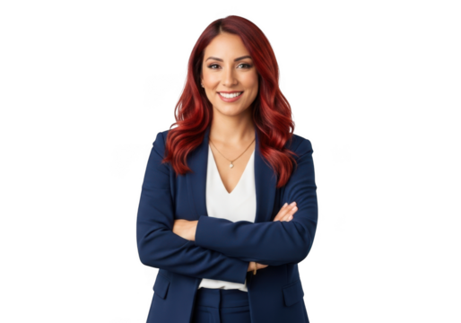 Professional business woman with red hair smiling confidently with arms crossed isolated on transparent background