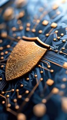 Close-up of a golden shield icon overlaid on a circuit board, symbolizing cybersecurity and data protection.