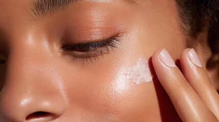 Radiant cheek with soft cream being gently tapped smooth skin natural glow healthy complexion close up skincare routine moisturizing beauty care serene expression