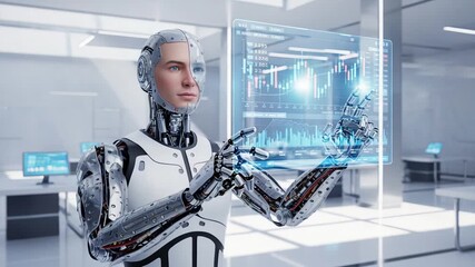 Humanoid scientist manipulates holographic market charts with robotic - Powered by Adobe