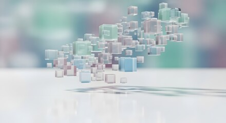 Dynamic arrangement of translucent cubes for modern technology, science, or innovative business concepts with soft pastel colors and clean design