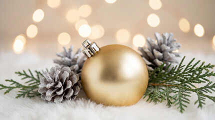 Christmas white decoration ball and spruce tree close up, bokeh lights background. Merry Christmas and Happy Holidays greeting card, frame, banner. New Year. Noel. Winter festive xmas theme