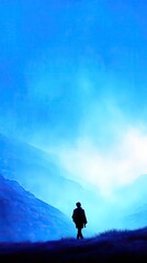 A silhouette of a person walking in a misty blue mountain landscape. The image evokes a sense of solitude and mystery.