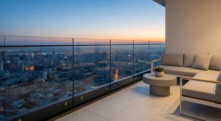 Fototapeta premium Luxury Balcony View at Sunset - Modern Design and Cityscape.