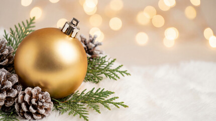 Christmas white decoration ball and spruce tree close up, bokeh lights background. Merry Christmas and Happy Holidays greeting card, frame, banner. New Year. Noel. Winter festive xmas theme