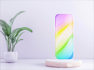 A colorful smartphone display stands on a small pedestal next to a potted plant, set against a minimalist white background.
