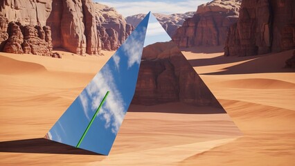 Abstract mirror geometric shape reflection pyramid in desert mountain landscape with red rock formations and clear blue sky with clouds scenic