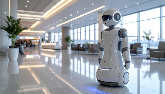 Modern Robot Stands in Bright Airport Terminal with Large Windows Showing Outdoor View and Reflective Floor