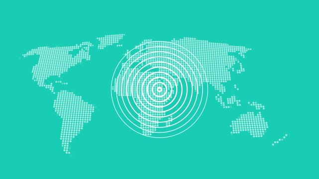 A digital illustration of a stylized world map with glowing lines and dots, overlaid with a technical, media player-like interface. The design suggests global communication