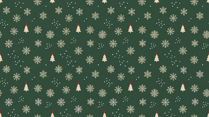 Green Christmas background with snowflakes and christmas trees,seamless pattern of christmas trees and snowflakes on green background,Christmas wrapping paper, Xmas pattern with ornaments
