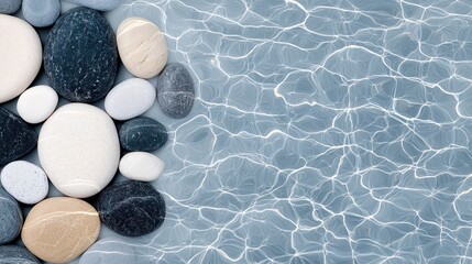 Close-up shot of smooth, rounded stones arranged next to a rippled water surface, with light reflections creating a serene and calming effect.