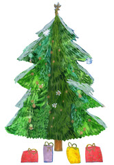 New Year's gifts under the Christmas tree. Hand drawn Watercolor and Gouache painting, isolated on a transparent background