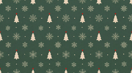 Green Christmas background with snowflakes and christmas trees,seamless pattern of christmas trees and snowflakes on green background,Christmas wrapping paper, Xmas pattern with ornaments