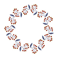 Scandinavian folk style holiday wreath made of branches with red berries in Cozy festive frame perfect for holiday cards, invitations and seasonal decor. Christmas Vector illustration